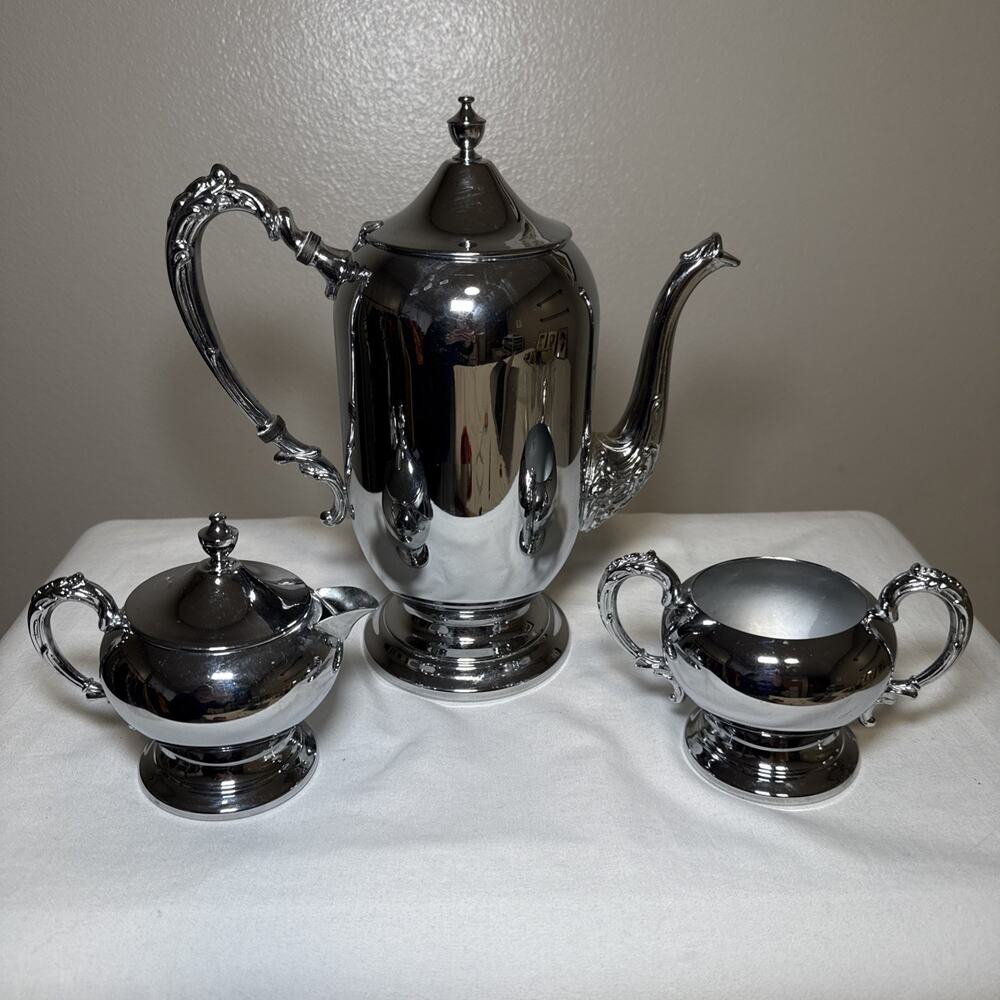 Vintage Dorothy Thorpe Originals Chrome Coffee Set MCM Hollywood Regency 3pc